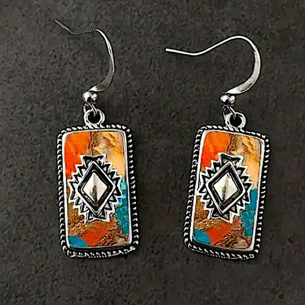 Silver Western Motif Aztec Boho Dangle Earrings - Picture 5 of 6